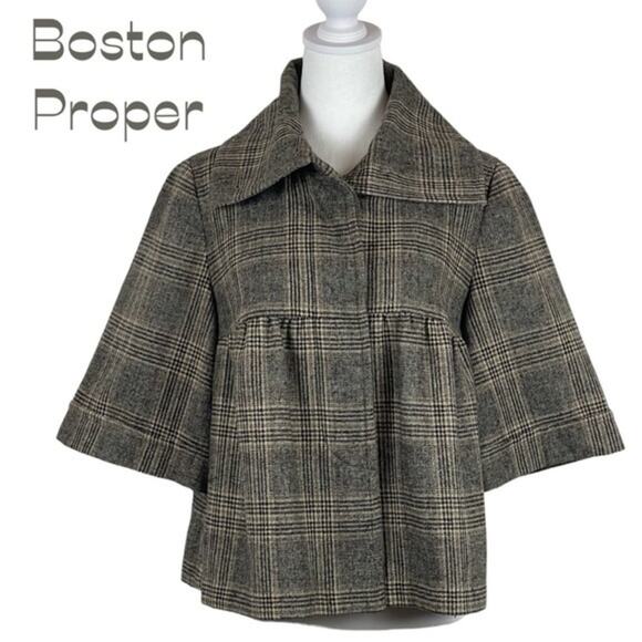 Boston Proper Tan & Cream Plaid Wool Blend Academia Prep Jacket NWOT Size 8 - Picture 2 of 12